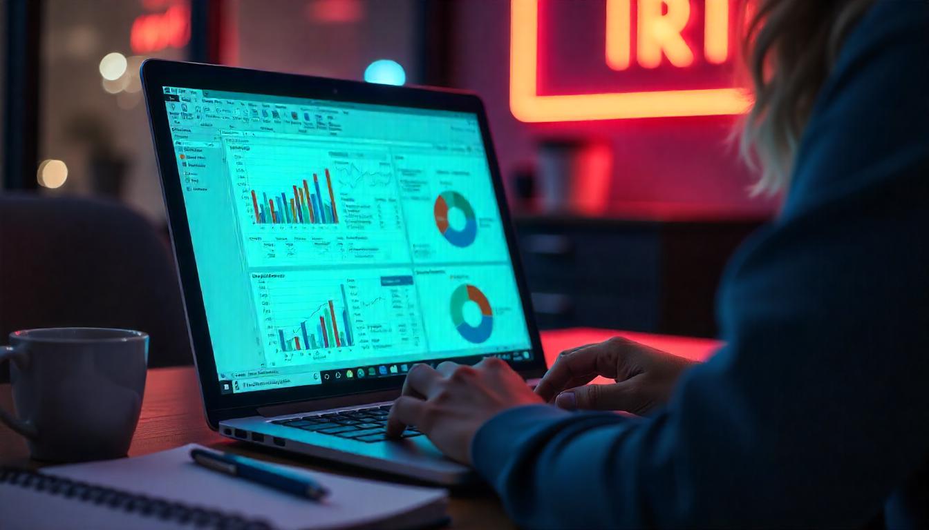 The image shows a person sitting at a desk, deeply focused on a laptop screen filled with Excel charts, tables, and data visualizations. The workspace is modern, with elements like a notebook, pen, and coffee cup, and the background is softly blurred to emphasize the screen. A sense of productivity and learning is conveyed, highlighting the power and complexity of Excel in professional settings. T