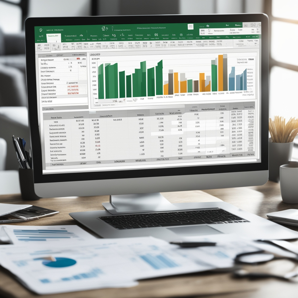 An accountant's workspace with an open Excel spreadsheet, showcasing financial data and calculations. The screen highlights Excel's financial formulas, with a hand pointing to key data.