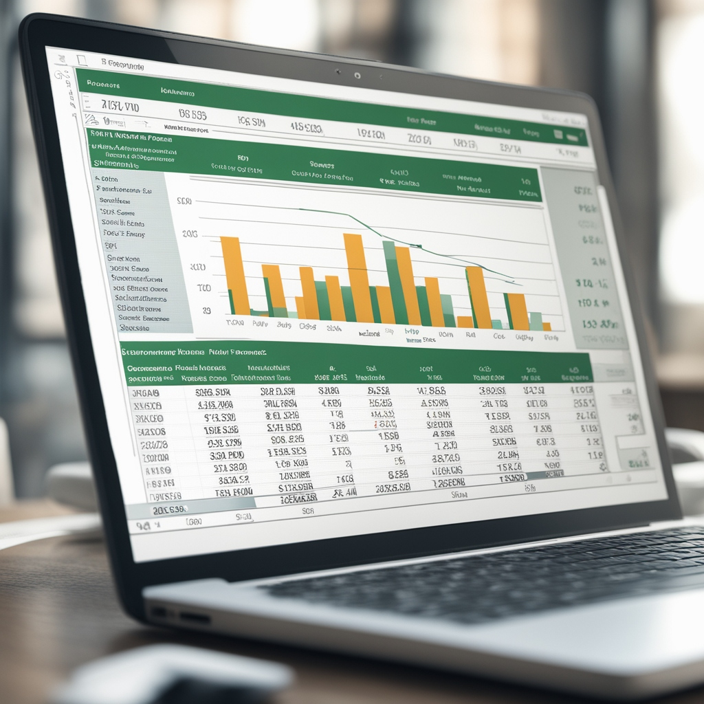 A close-up of a laptop screen displaying an Excel formula bar with commonly used accounting formulas like SUM(), IF(), and VLOOKUP(). The background shows financial charts and transaction logs.