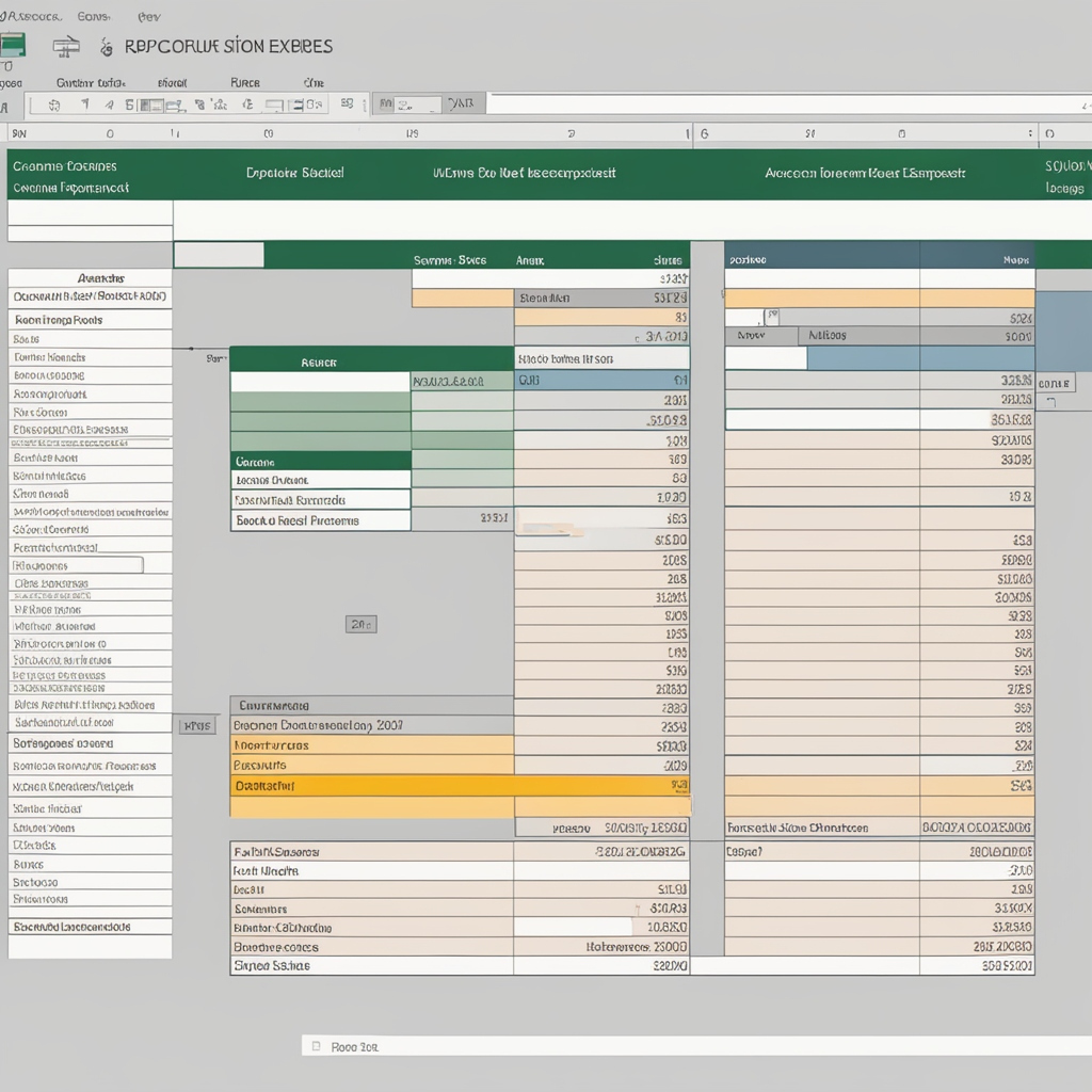 A step-by-step visual representation of an accounting spreadsheet setup in Excel, with labeled columns for Date, Description, Income, Expenses, and Balance. A cursor is seen entering data.