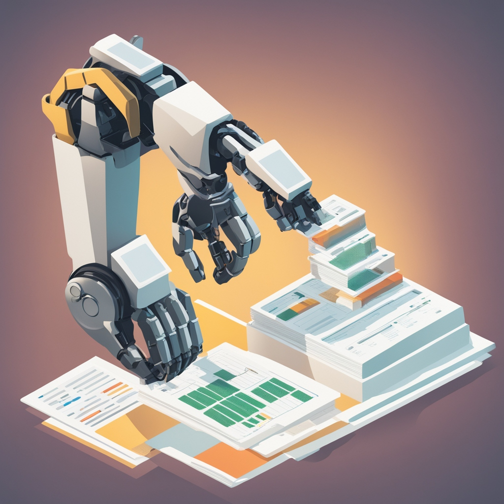 An automation concept illustration showing a robotic arm organizing spreadsheets and databases into structured reports. The image represents Power Query automating repetitive data preparation tasks.