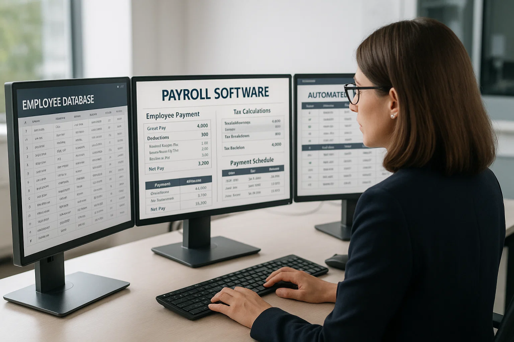 Accountant working on payroll system displaying employee data and reports with types of accounting software