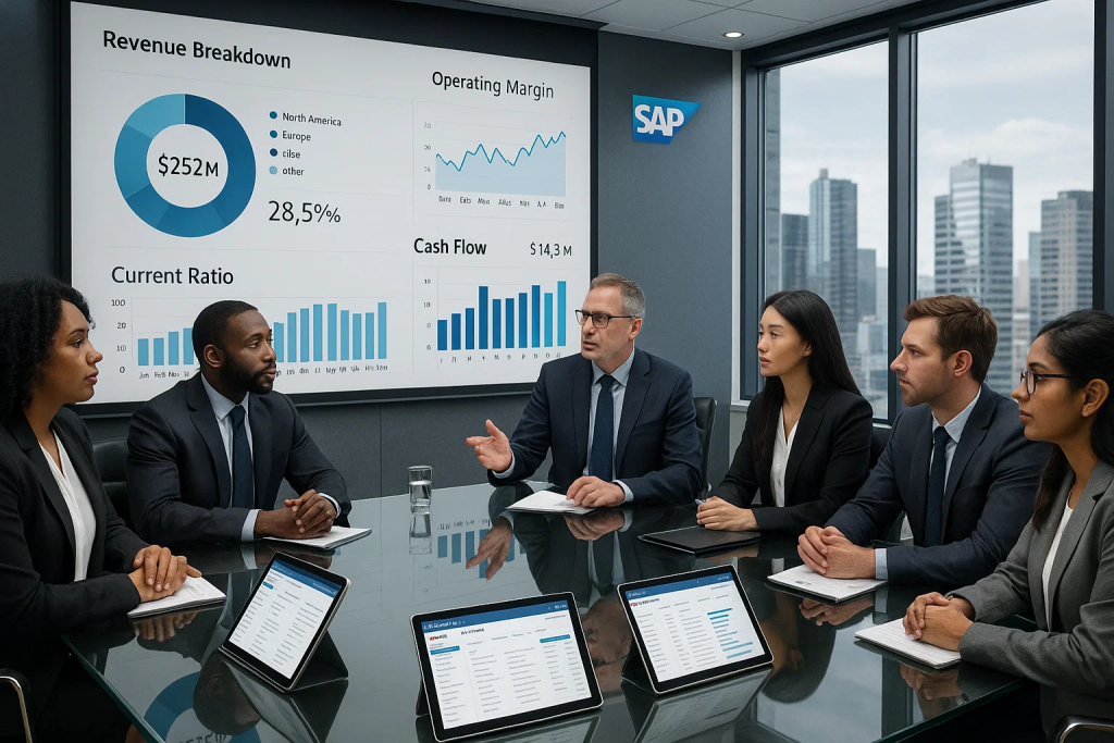 Business team analyzing financial reports and charts using types of accounting software in a corporate meeting