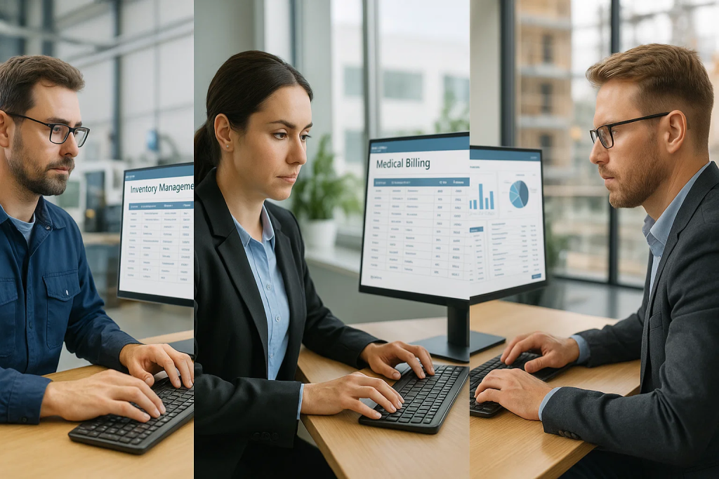 Professionals using different types of accounting software on computers for inventory management and medical billing data analysis