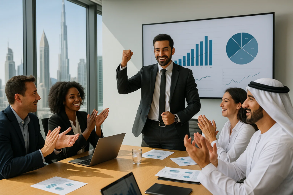 Diverse accounting team celebrating career success in modern Dubai corporate office