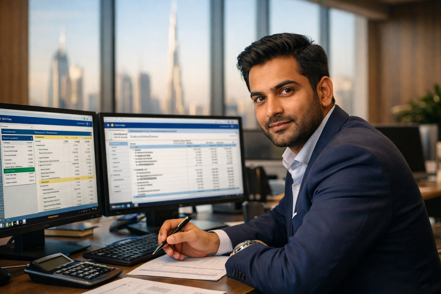 Accountant mastering Tally Prime software in Dubai office analyzing financial data on multiple screens