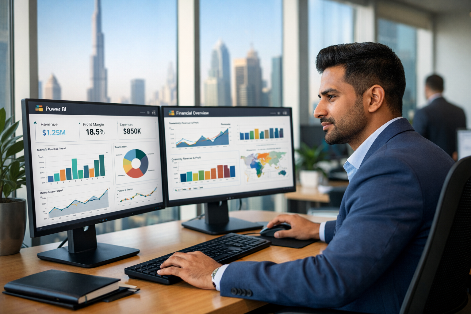 Data analyst working on BI dashboards in a modern Dubai office