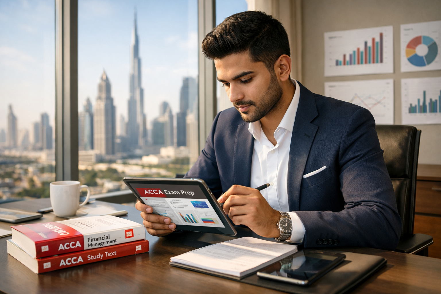 ACCA student studying exam materials in a modern Dubai office.