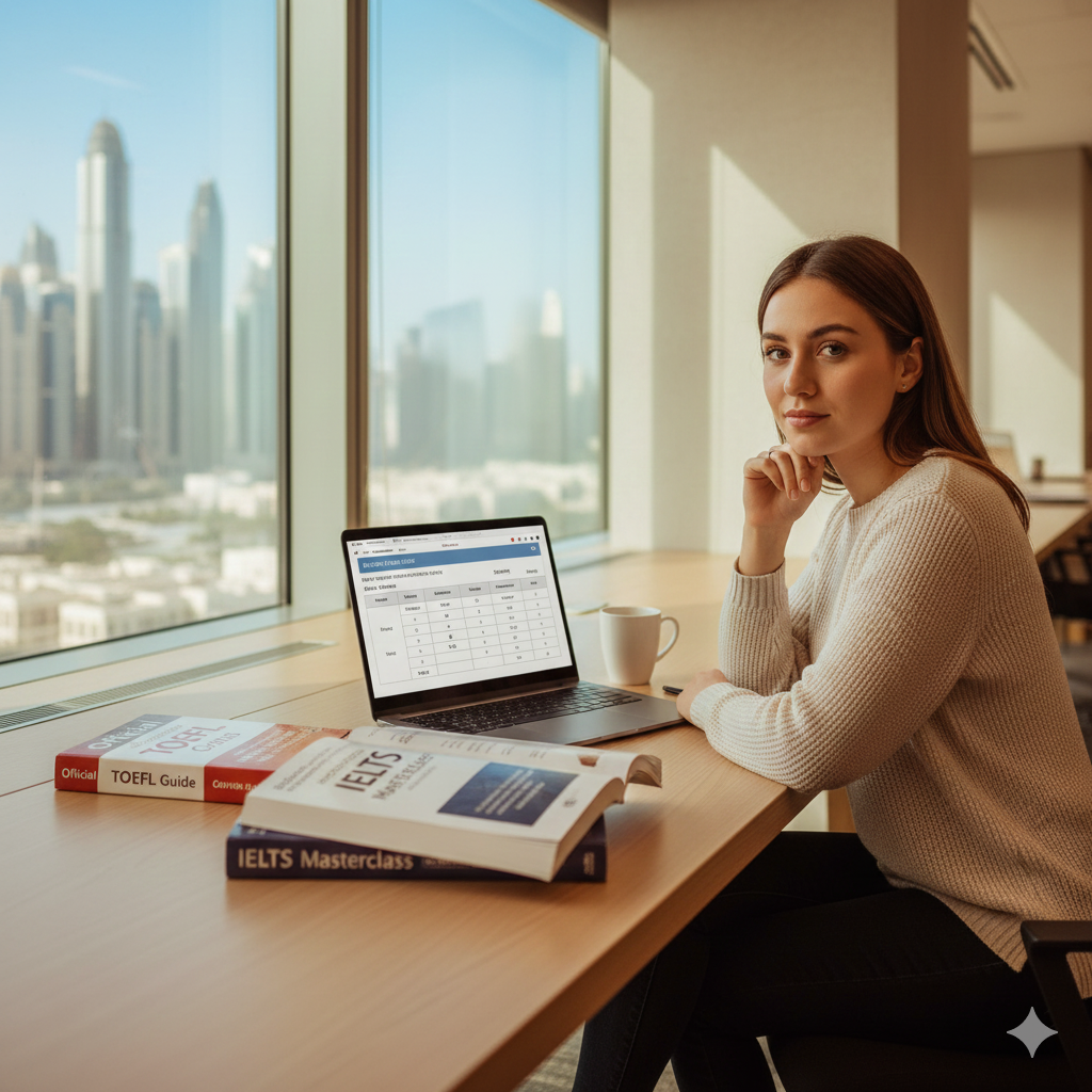 International student comparing TOEFL vs IELTS English proficiency tests while studying in Dubai preparation center