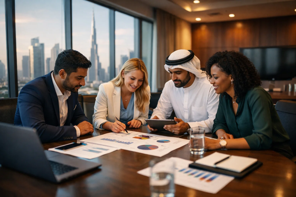 Accounting team in Dubai collaborating on Tally Prime financial reports and career growth opportunities