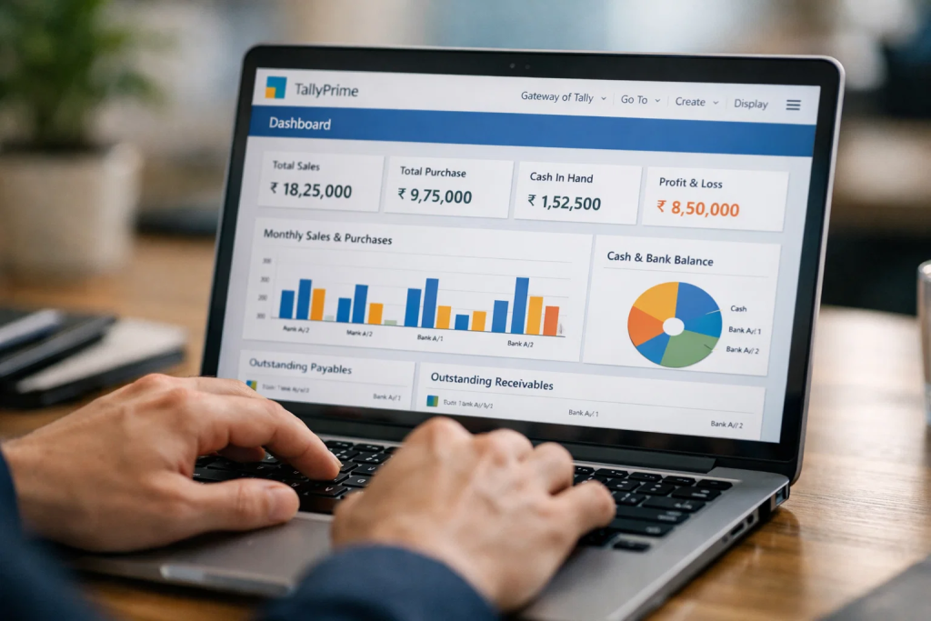 Professional using Tally Prime accounting software dashboard on laptop for business financial management