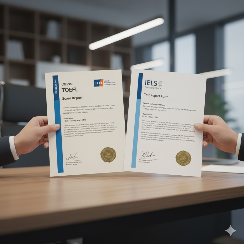 Official TOEFL and IELTS certificates comparison showing English language proficiency test options for students