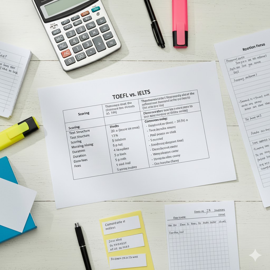 Detailed comparison chart of TOEFL vs IELTS test differences including format scoring and preparation requirements