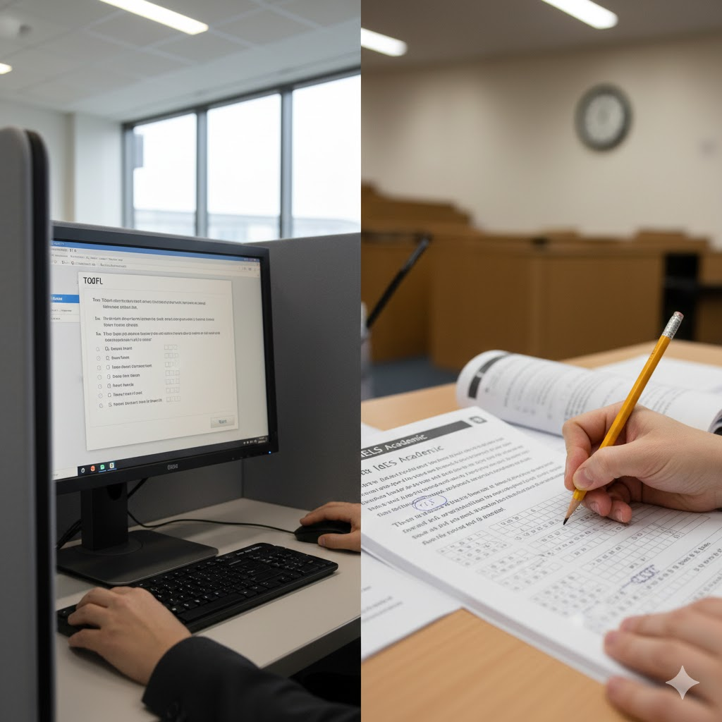 Side-by-side comparison of TOEFL computer-based testing format versus IELTS paper-based exam delivery method