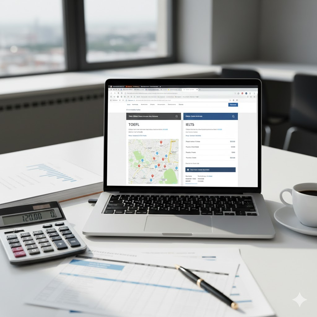 Cost comparison calculator and UAE test center availability for TOEFL vs IELTS registration and preparation expenses