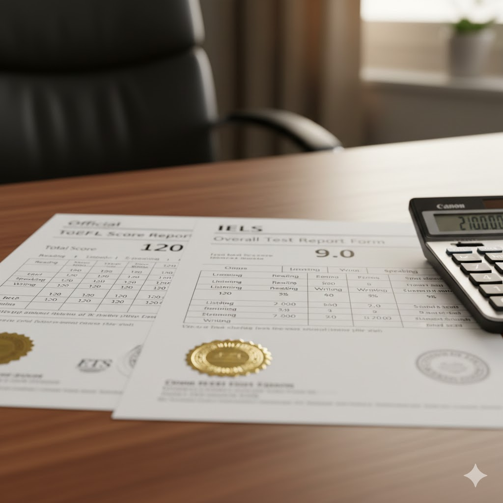 TOEFL 120-point scoring system compared to IELTS 9-band scale showing English proficiency score interpretation