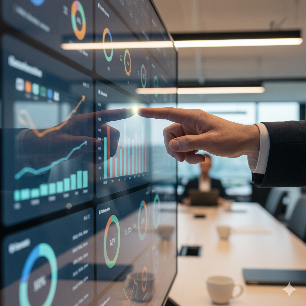  Professional using interactive data visualization dashboard for business intelligence and analytics reporting