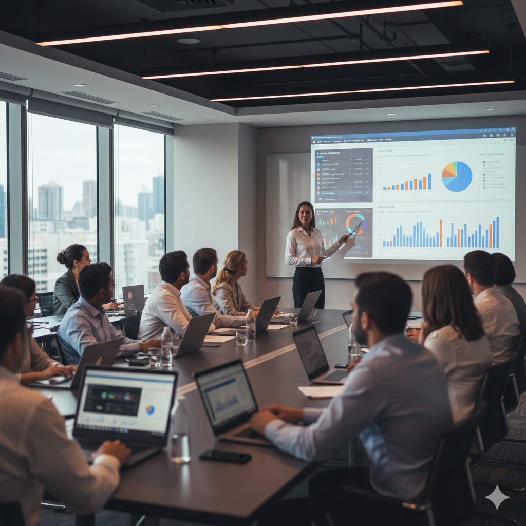  Data analytics training workshop teaching Tableau visualization techniques to business professionals in modern classroom