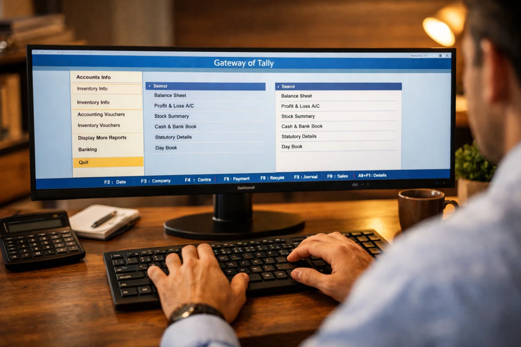 Accountant using Tally Prime user-friendly interface with keyboard shortcuts to increase productivity and save time