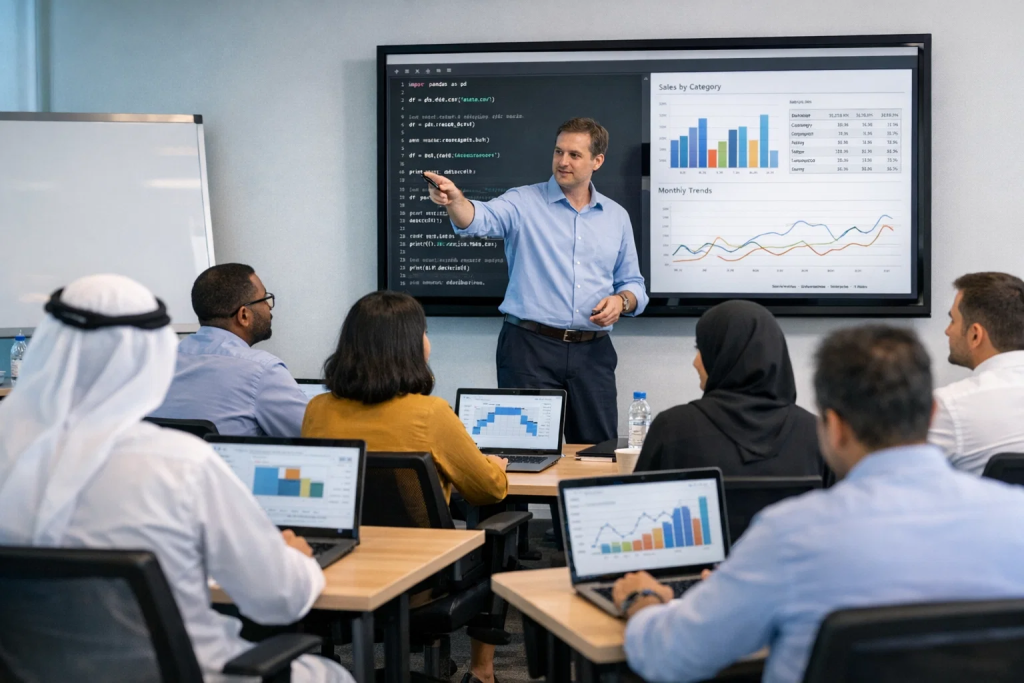 Data analytics training session in the UAE teaching Python and visualization tools