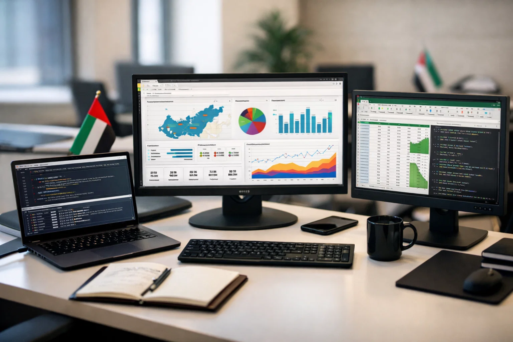 Data analyst workspace displaying SQL, Power BI, Python, and Excel tools in UAE office