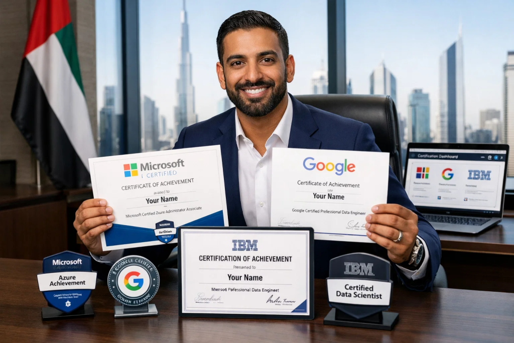 Professional data analyst certifications from Microsoft, Google, and IBM recognized in UAE market