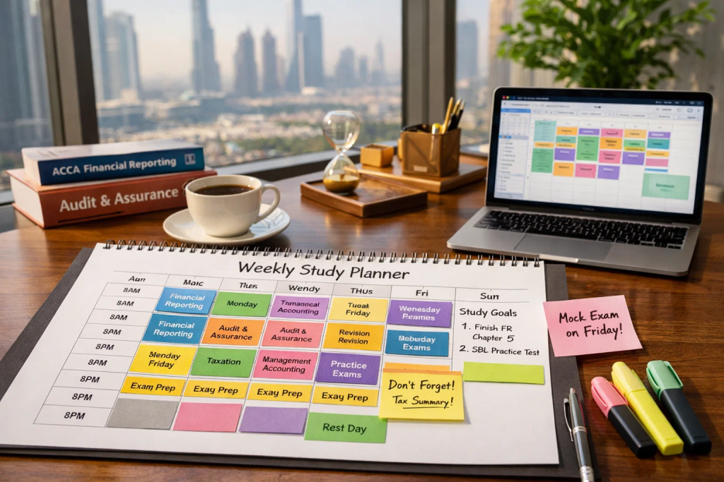 Color-coded ACCA study planner with textbooks and laptop for UAE professionals