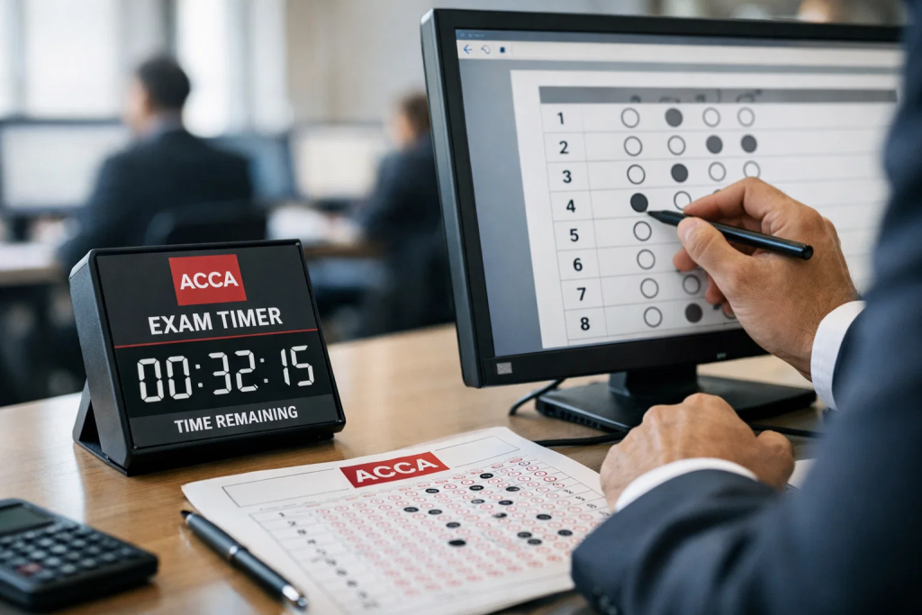 ACCA exam timer showing time management during a computer-based test in Dubai
