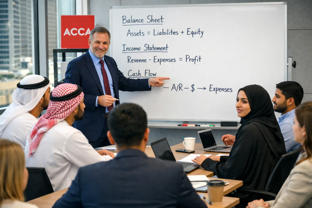 ACCA instructor teaching exam concepts to international students in a UAE classroom