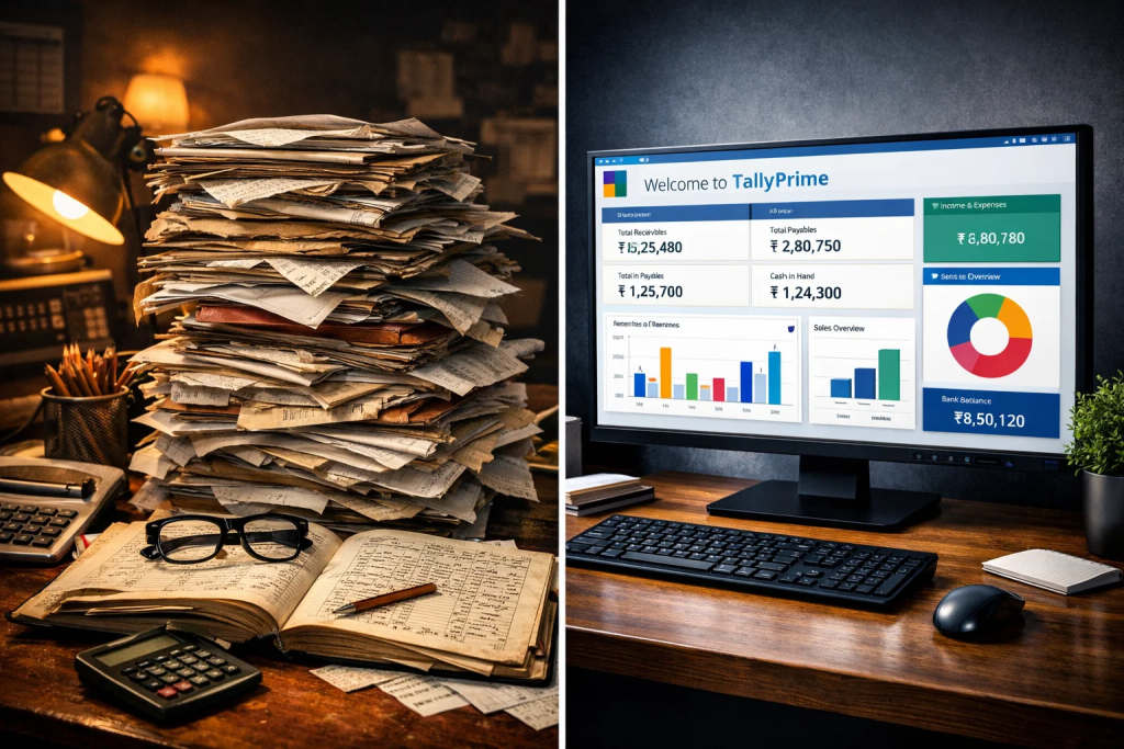 Comparison of manual accounting methods versus automated Tally Prime software showing enhanced productivity benefits
