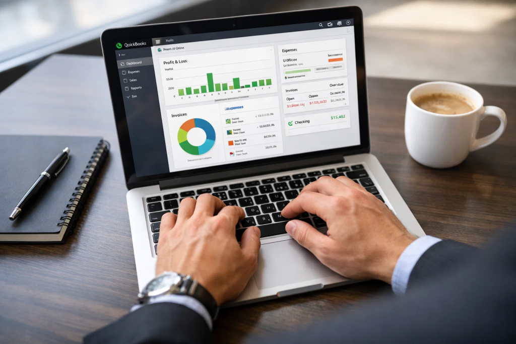 Professional working on QuickBooks online software for financial management training