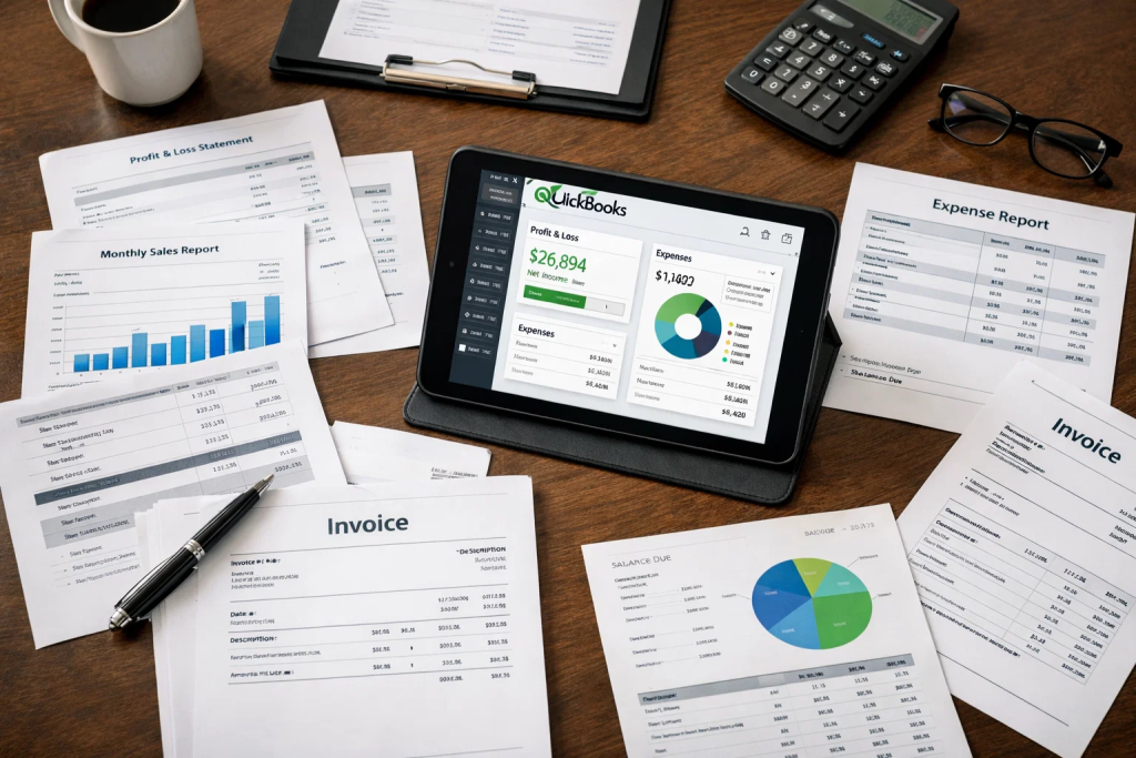 QuickBooks financial reports and invoices displayed during business meeting for accounting review