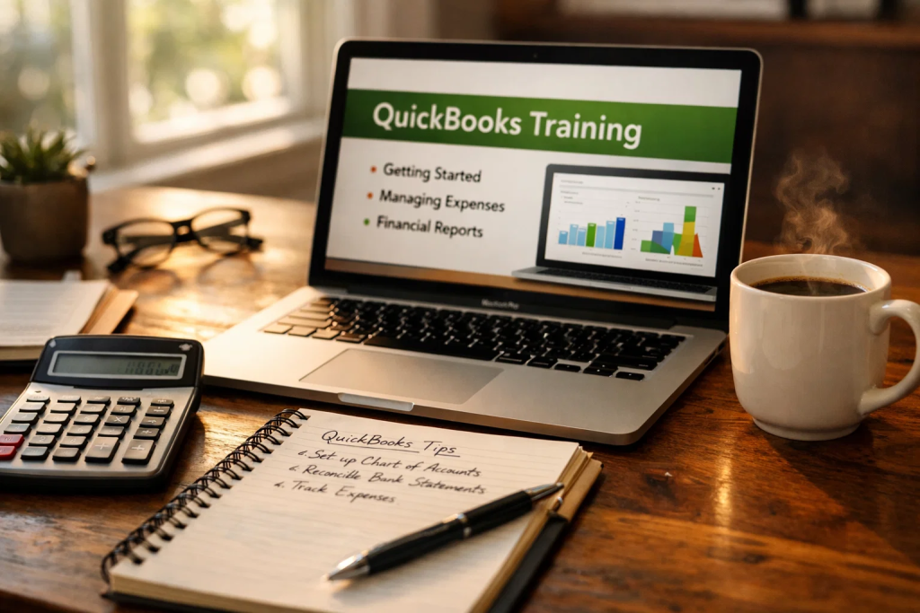QuickBooks learning workspace with training materials and practice notes for beginner accounting students