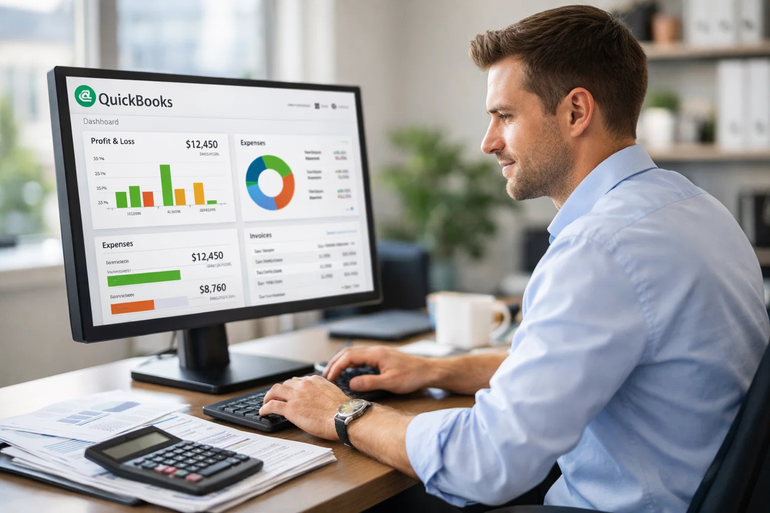 Accountant learning QuickBooks software on computer in modern office environment