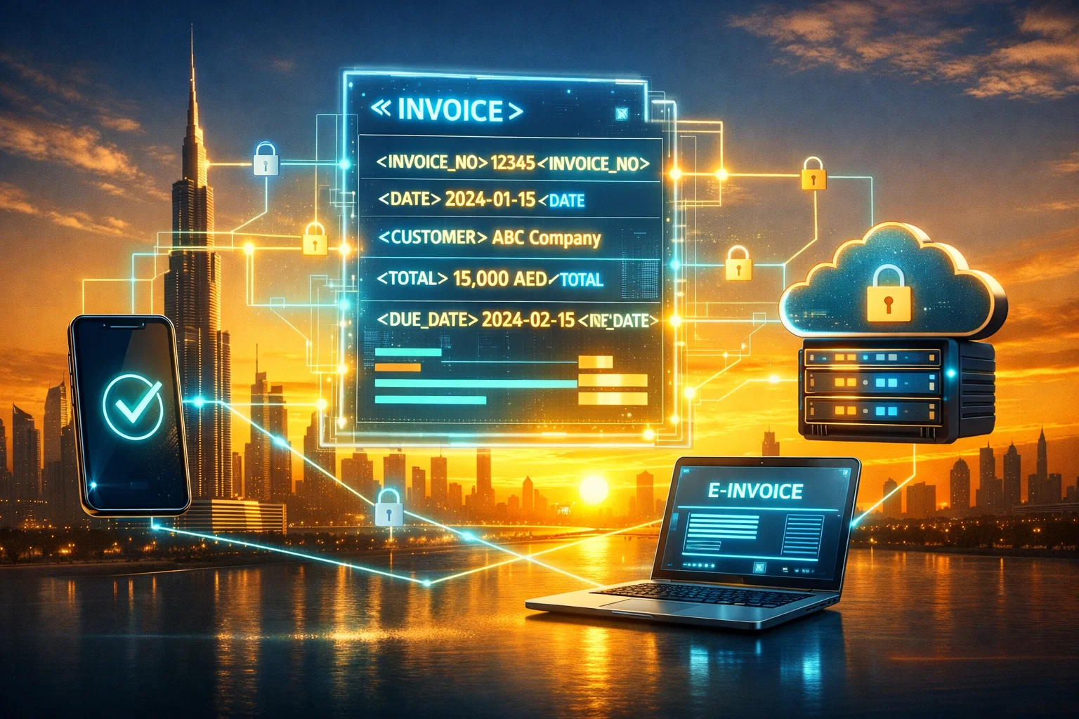 Dubai skyline with digital e-invoice and Peppol network