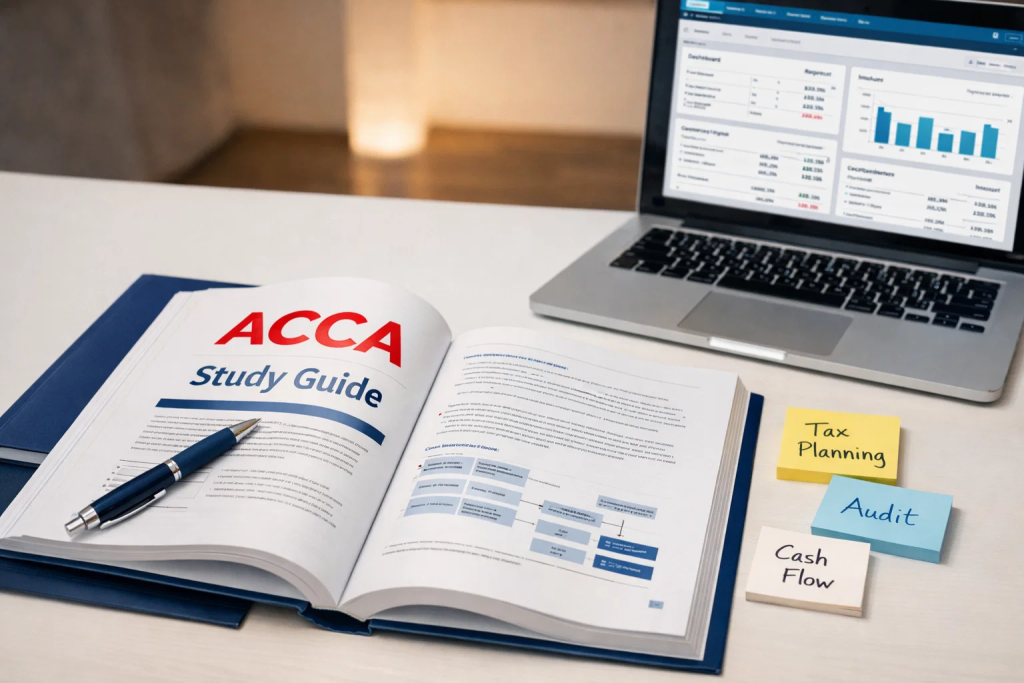 ACCA study guide book with laptop showing financial dashboard and notes labeled tax planning, audit, and cash flow