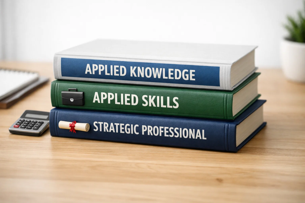 ACCA qualification levels infographic with stacked books labeled Applied Knowledge, Applied Skills, and Strategic Professional