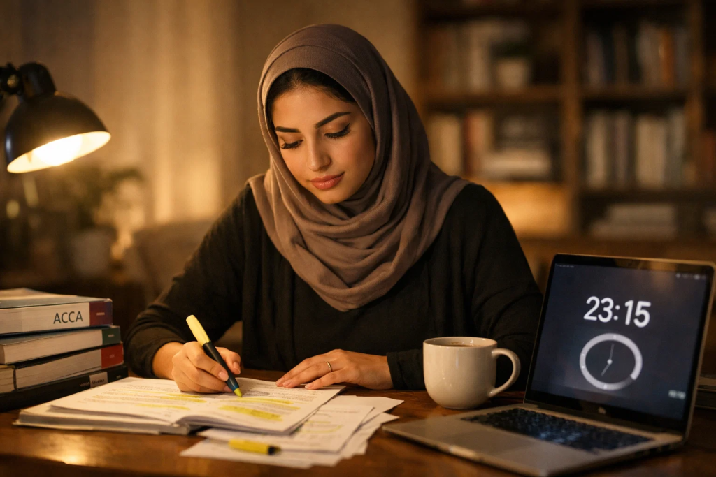 Woman studying ACCA at night, highlighting notes at desk with laptop timer, books, and coffee in a study room