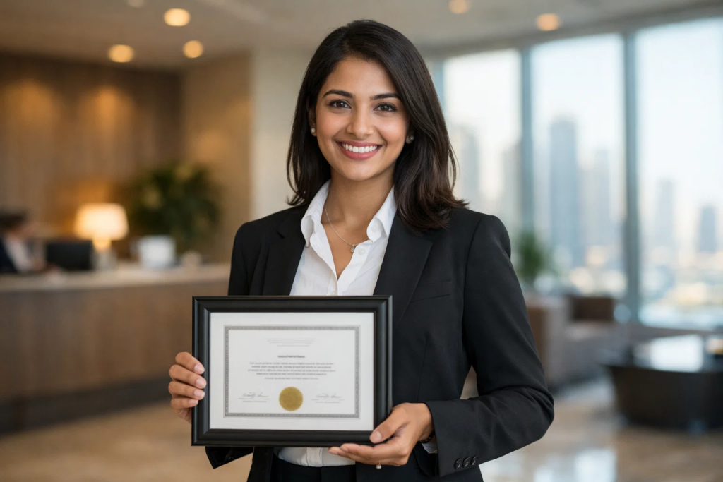 Smiling finance professional holding certificate in modern office, representing ACCA qualification achievement