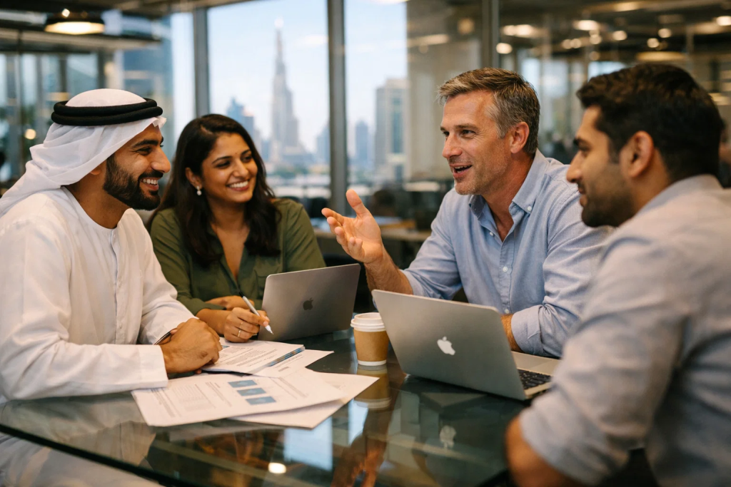 Multinational professionals communicating in business English in a Dubai office