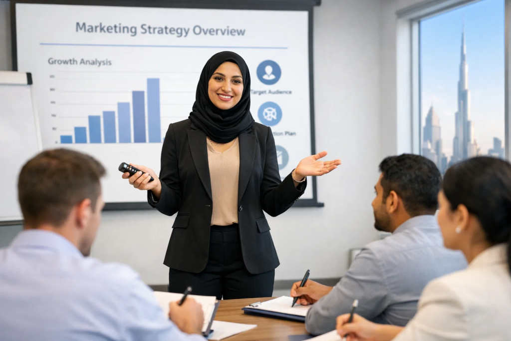 Professional woman presenting in business English during a corporate training session in Dubai