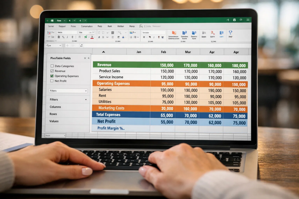 Laptop screen showing an Excel pivot table with revenue, expenses, and profit data.