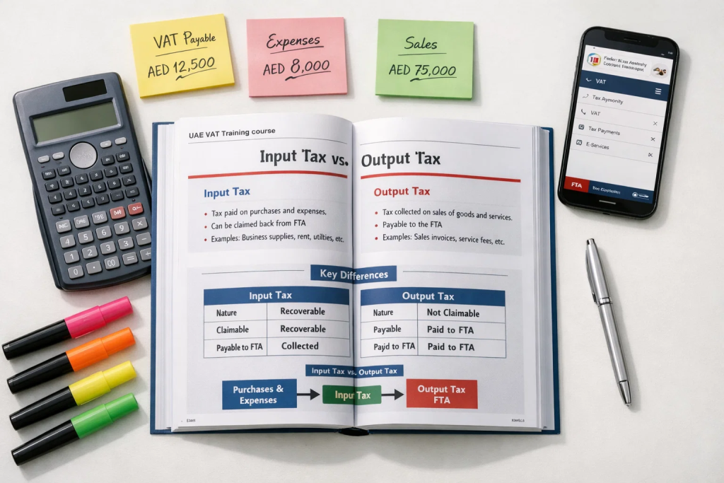 UAE VAT training book explaining input tax vs output tax with calculator and financial notes on desk