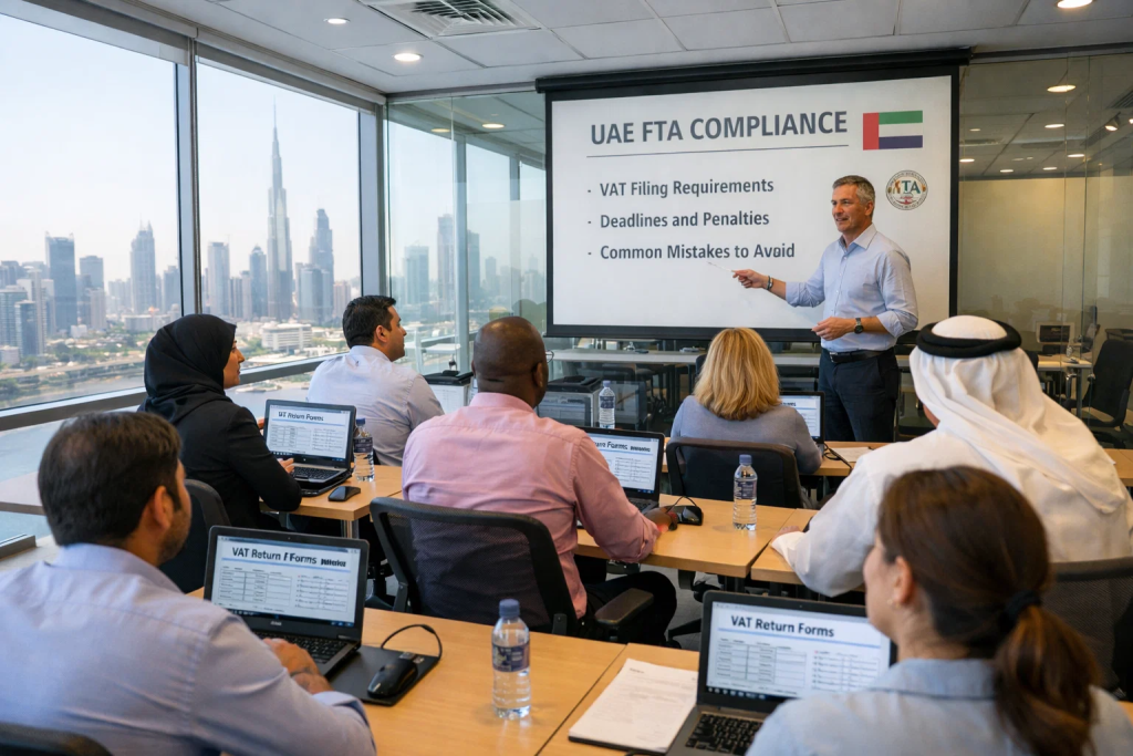 Professionals attending UAE FTA VAT compliance training covering VAT filing requirements and deadlines in Dubai