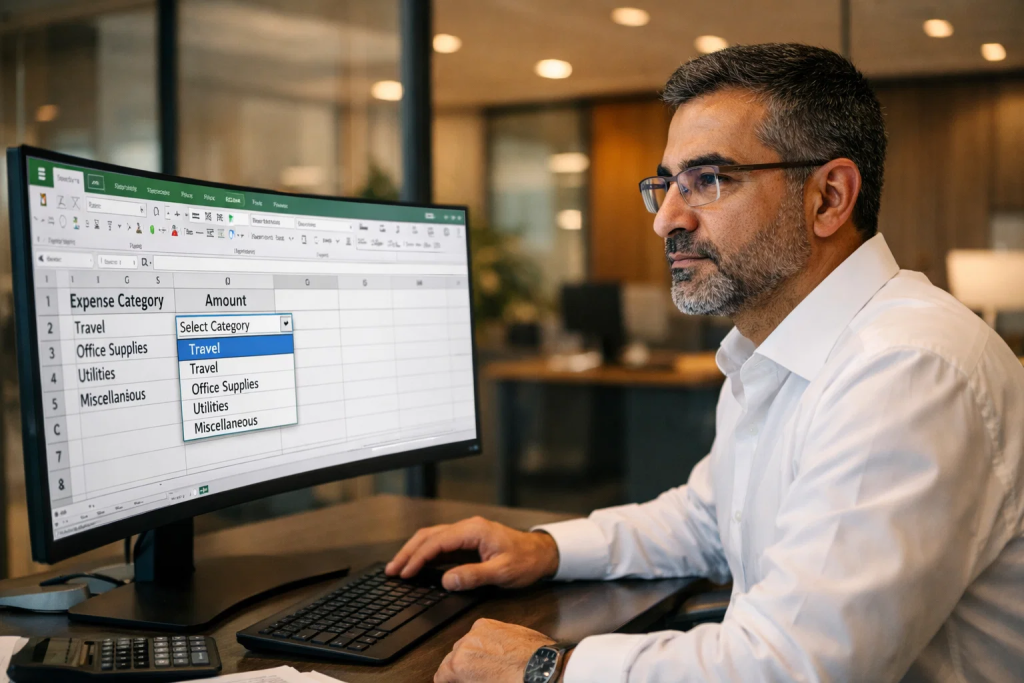 Accountant using Microsoft Excel to organize expense categories with a dropdown list