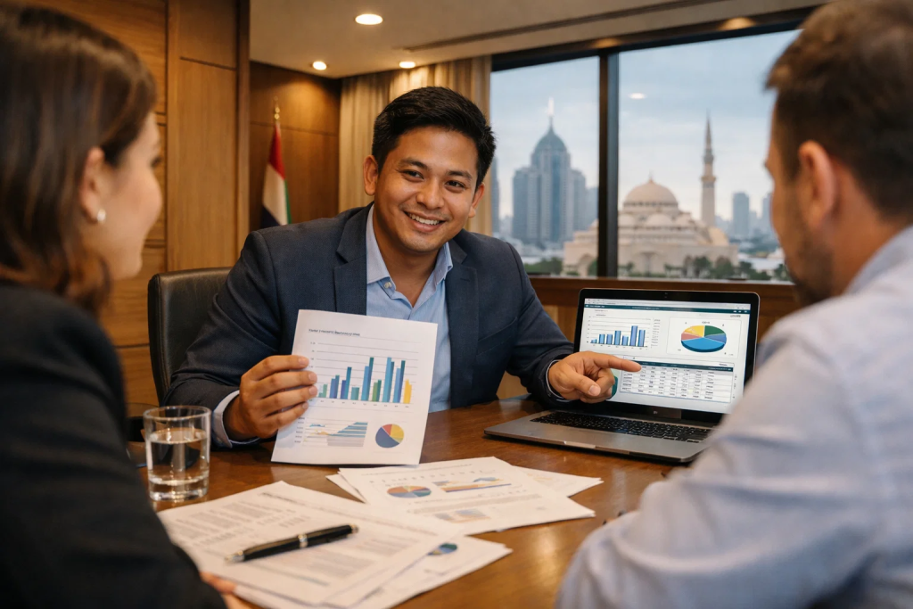 Financial professional presenting charts and graphs during a business meeting