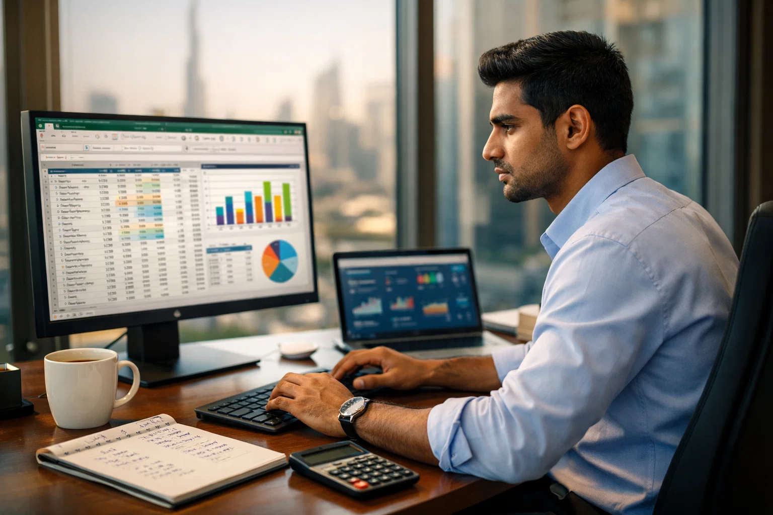 accountant working on Excel spreadsheet with financial data on dual monitors