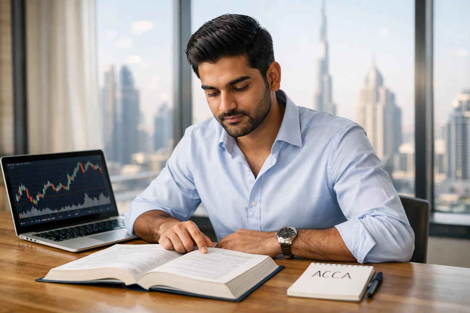 Man studying for ACCA exam at desk with laptop showing financial charts and Dubai skyline in the background.