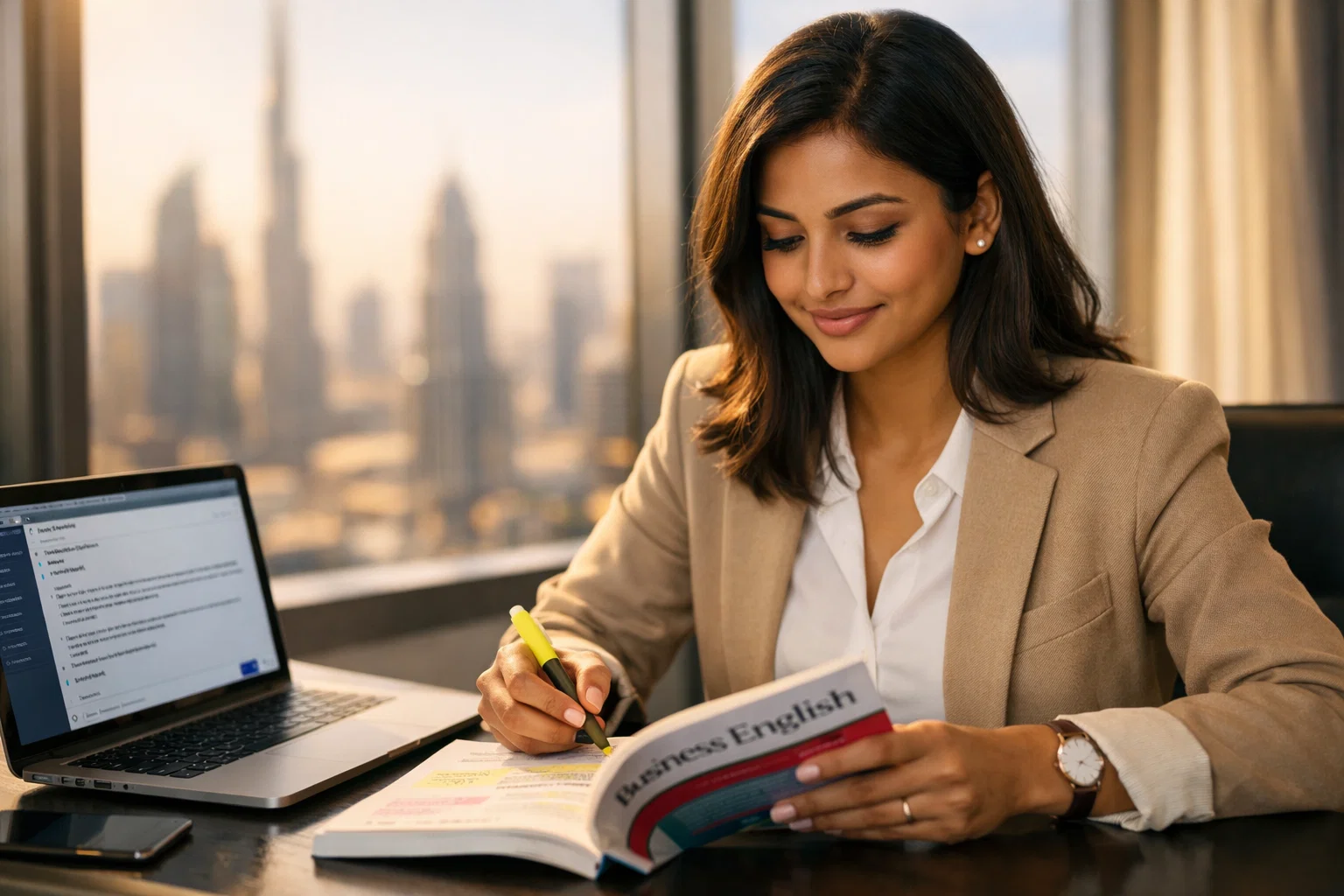 Confident professional learning business English in a modern UAE office setting