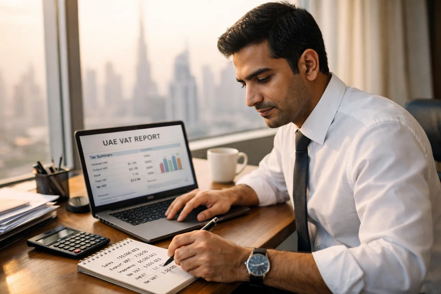 Finance professional reviewing UAE VAT report and calculating tax figures on laptop in a Dubai office